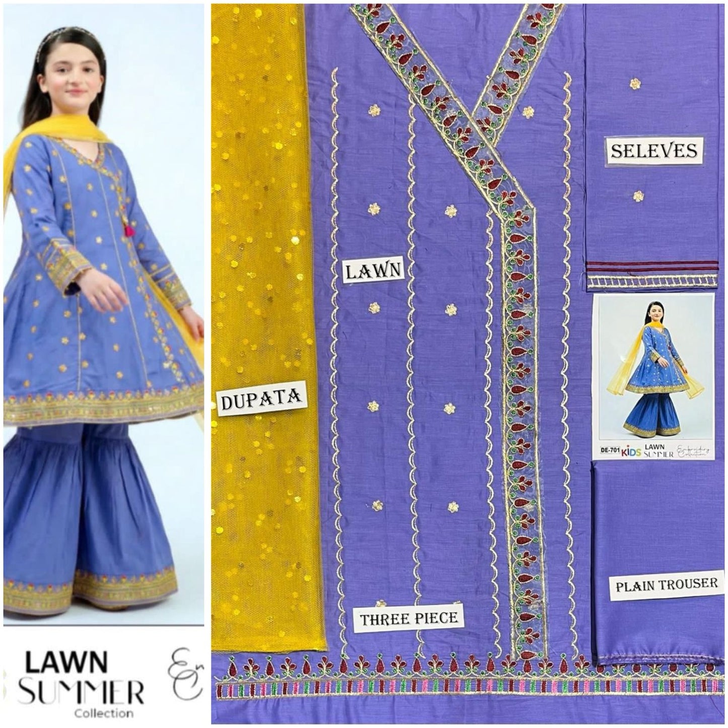 Embroidered Lawn 3-Piece Suit for Girls 06-12Y