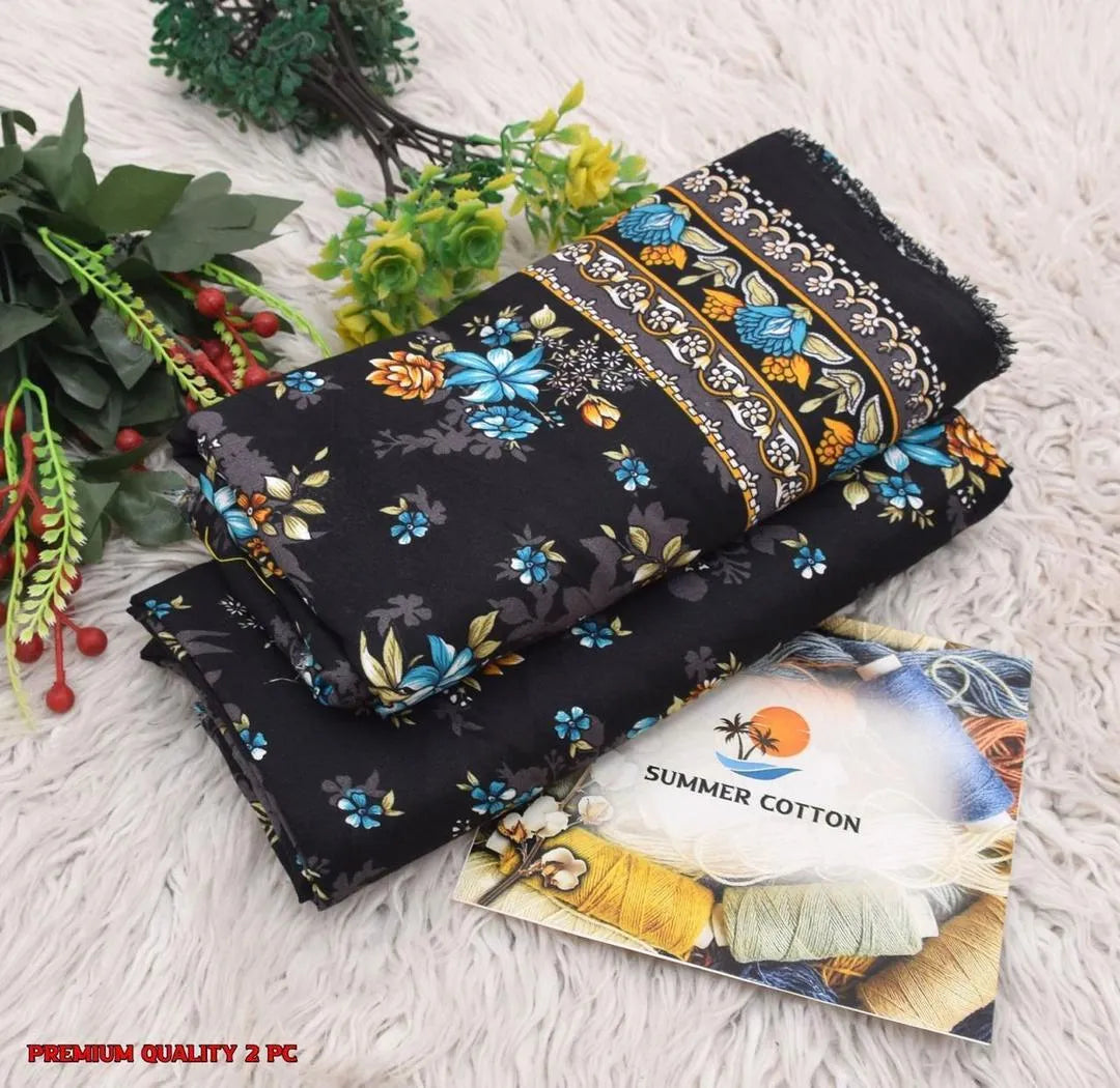 Black Floral Summer Cotton 2 Pc Suit