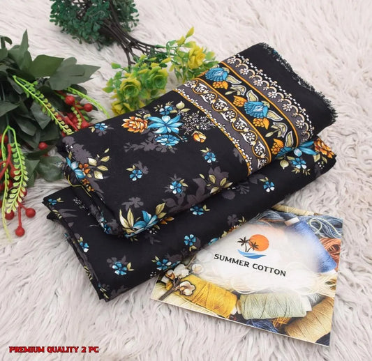 Black Floral Summer Cotton 2 Pc Suit