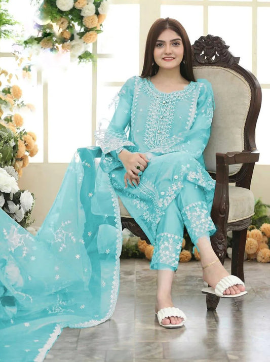Light Blue Embroidered 3-Piece Organza Suit for Eid