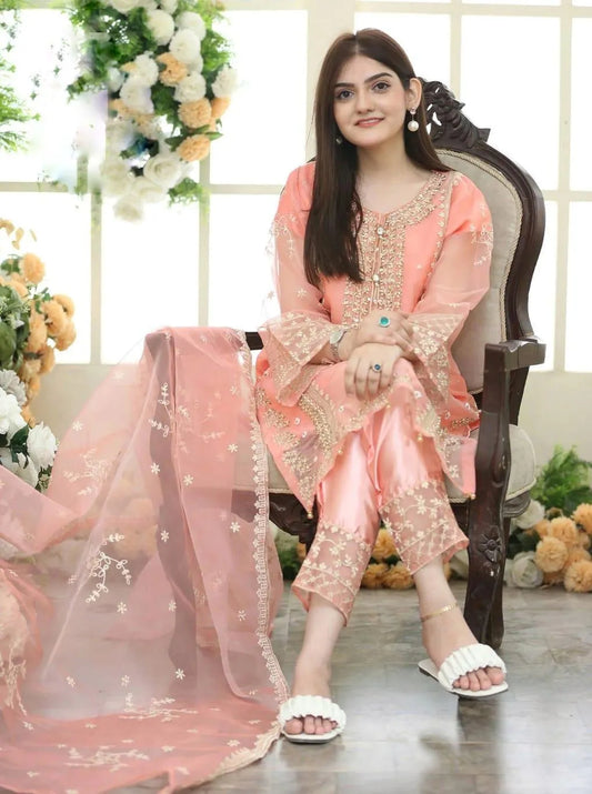 Peach Organza 3-Piece Eid Wedding Suit with Embroidery