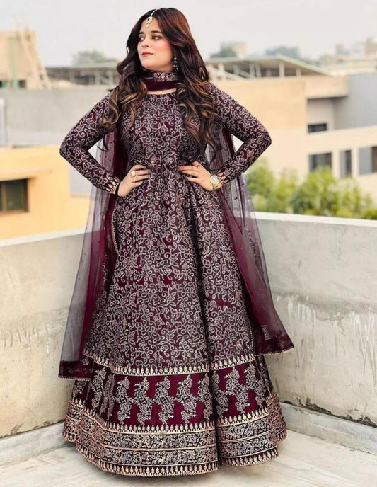 3 Piece Women's Stitched Embroidered Anarkali Set Maroon