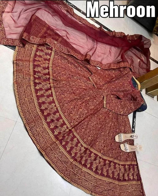 3 Piece Women's Stitched Embroidered Anarkali Set Maroon