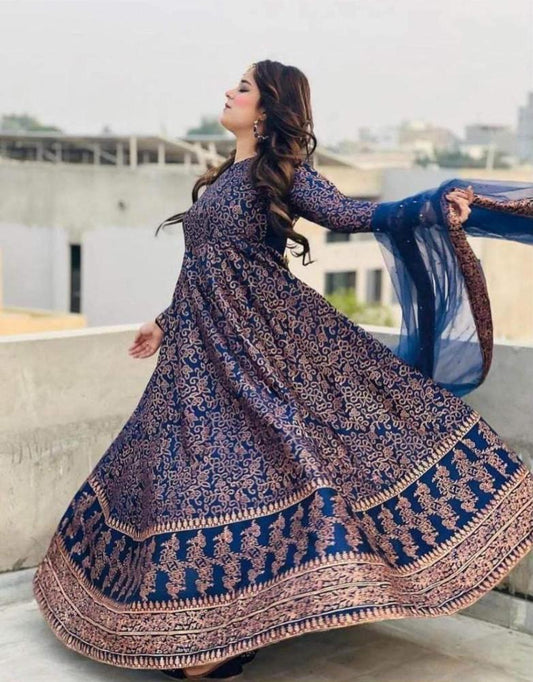 Navy Blue Katan Silk Maxi Suit with Golden Embroidery & Dupatta