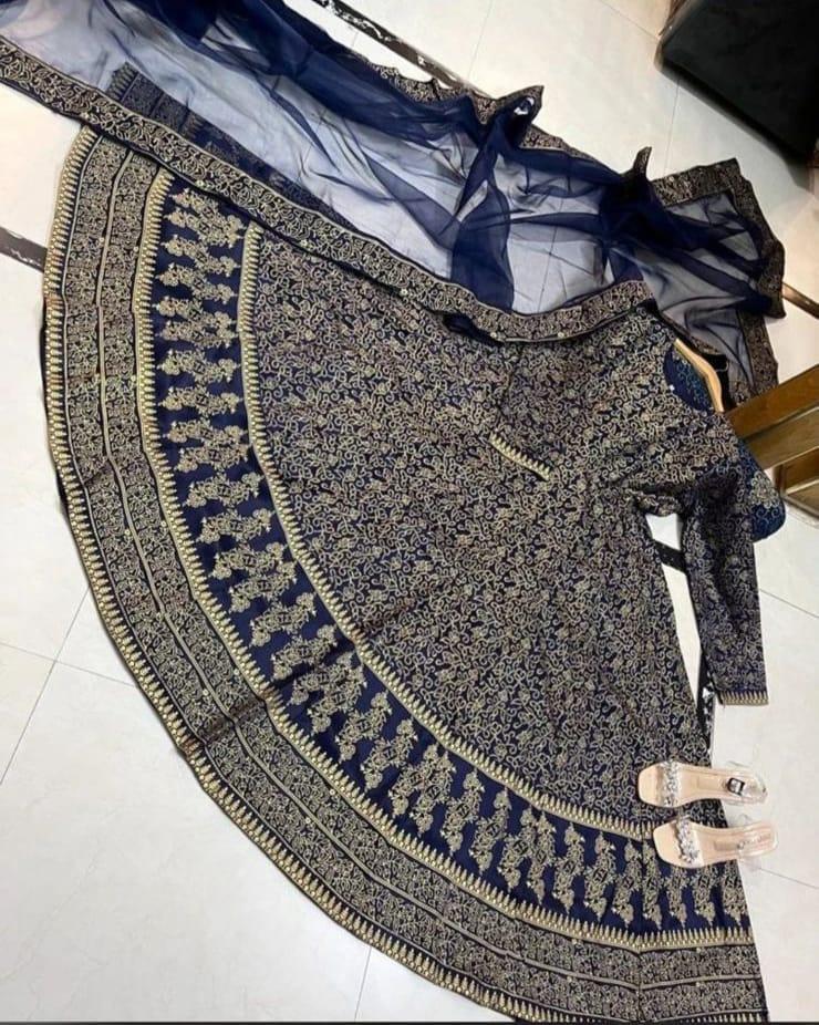 Navy Blue Katan Silk Maxi Suit with Golden Embroidery & Dupatta