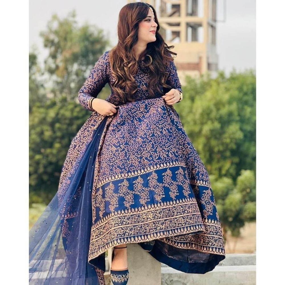 Navy Blue Katan Silk Maxi Suit with Golden Embroidery & Dupatta