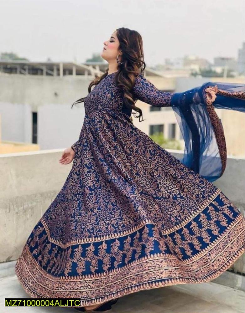 Navy Blue Katan Silk Maxi Suit with Golden Embroidery & Dupatta