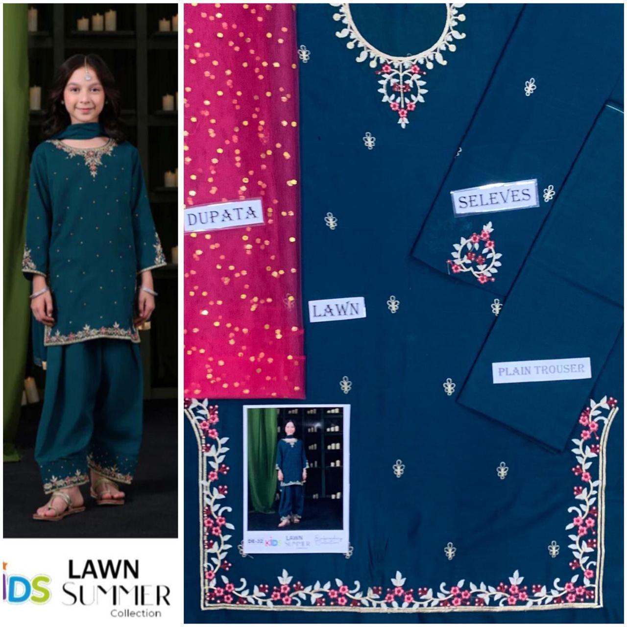 Embroidered Lawn 3-Piece Suit for Girls 06-12Y